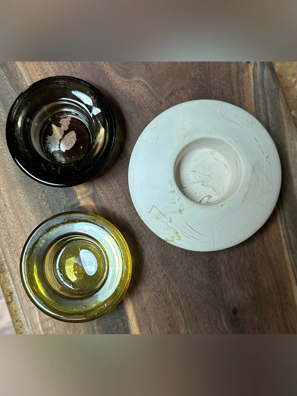 Set of 3 vintage tea light holders • glass and ceramic